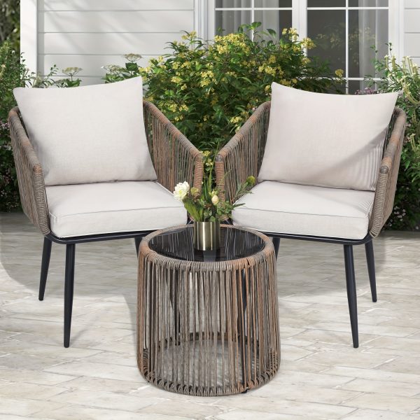 [Outdoor | Rattan] 3pcs Outdoor All-Weather Wicker Patio Rattan Bistro Conversation Set | Chairs And Side Table Set | Ideal For Balcony, Porch And Backyard