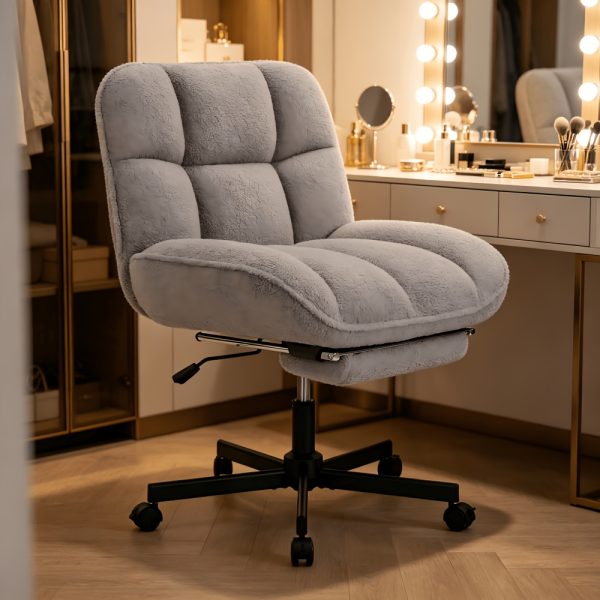 product-fancy-1ed17b71-8e4a-4440-b1d2-c008bb287724 Vanity Chair with Footrest, Teddy Fleece Vanity Chair, Height Adjustable Swivel Desk Chair, 90°-120° Recline, with Wheels, for Bedroom, Home Office, Makeup