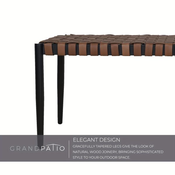 Grand Patio Bench, 2-Seat Leather-Look Wicker Bench with Tapered Legs, Outdoor Bench for Small Front Porch Entryway