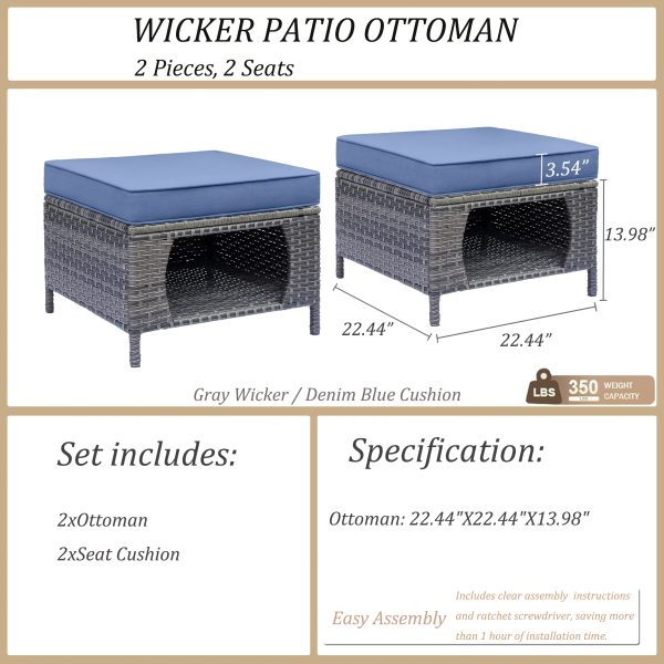 2pcs Royal Craft Outdoor Patio Furniture Set | Hand-Woven Pe Rattan Ottomans With 3.15 Inch Thick Cushions, All-Weather Material, Movable Cushions, Multifunctional Use, Gray Wicker With Beige/Denim Blue Cushions