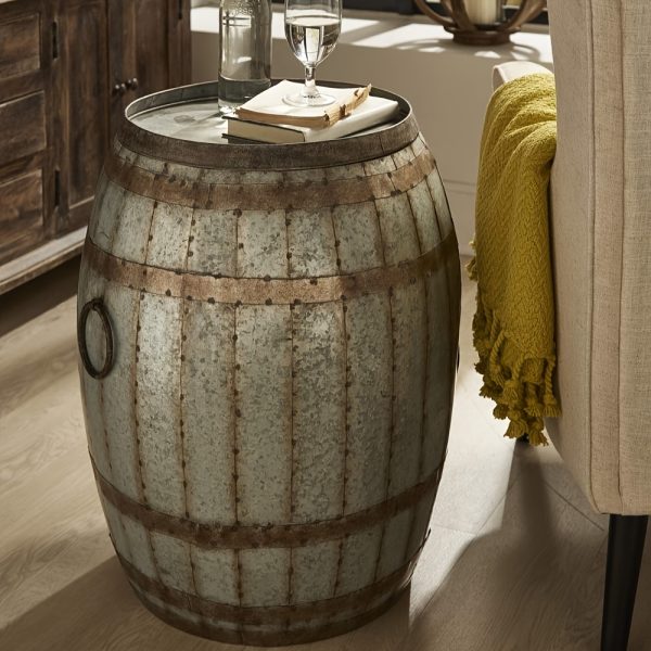 product-fancy-1f5b1090-a2d6-48ab-ae3c-43f163c53b8e Barrel Shaped Side Table, Wine Cabinet, Coffee Table with Storage Space, Western Cowboy Style, Sturdy Metal Cast Small Coffee Table, Suitable for Sofa Side, Study, Living Room, Backyard Garden Terrace