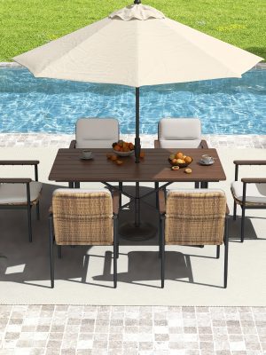 Patio Dining Set Outdoor, Wicker Chairs with Aluminum Frame and Olefin Cushions, Large Wooden Dining Table with Umbrella Hole, Patio Table and Chairs for Yard Garden Porch