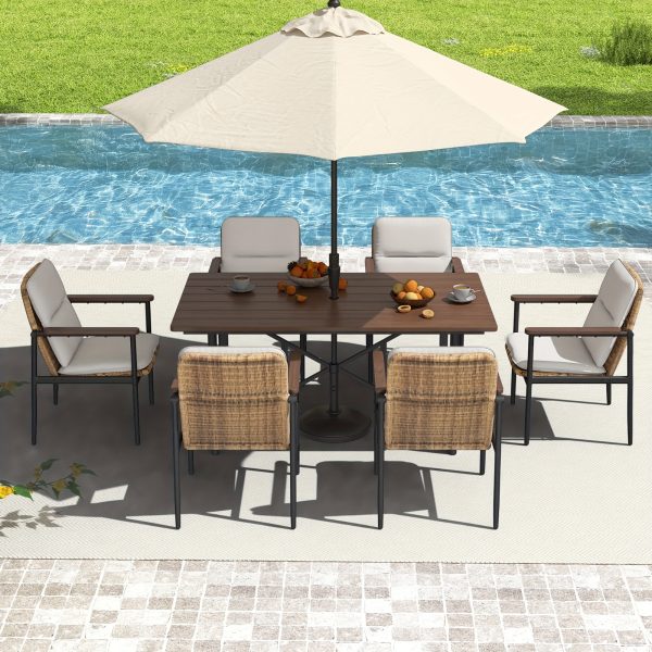 Patio Dining Set Outdoor, Wicker Chairs with Aluminum Frame and Olefin Cushions, Large Wooden Dining Table with Umbrella Hole, Patio Table and Chairs for Yard Garden Porch