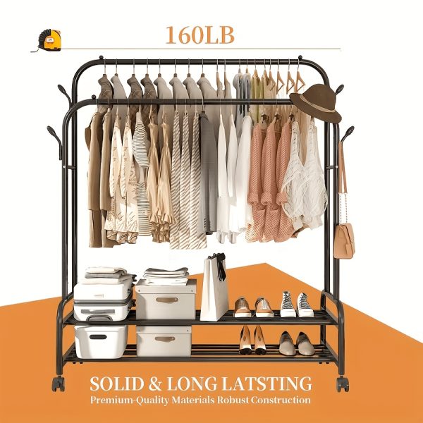product-fancy-1f796ab2-2147-48d4-8cd3-0a2efb6d2309 Durable Metal Hanger With Double Poles And Wheels, Equipped With Shelves And Hooks, A Multifunctional Wardrobe Solution Suitable For Independent Metal Hangers In Bedrooms, Laundry Rooms, And Living Rooms.