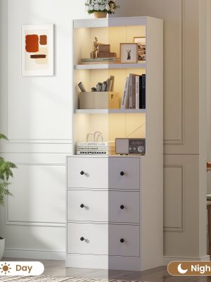 Wood Bookshelf with 3 Drawers - 6 Tier Freestanding Tall Storage Cabinet, Modern Floor Cabinet for Bedroom, Curio Cabinets with Storage for Living Room, Home Office