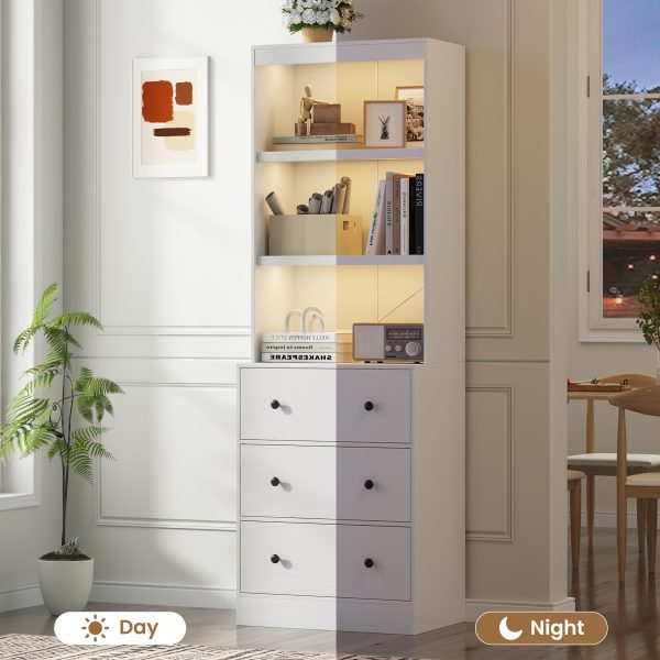 Wood Bookshelf with 3 Drawers - 6 Tier Freestanding Tall Storage Cabinet, Modern Floor Cabinet for Bedroom, Curio Cabinets with Storage for Living Room, Home Office