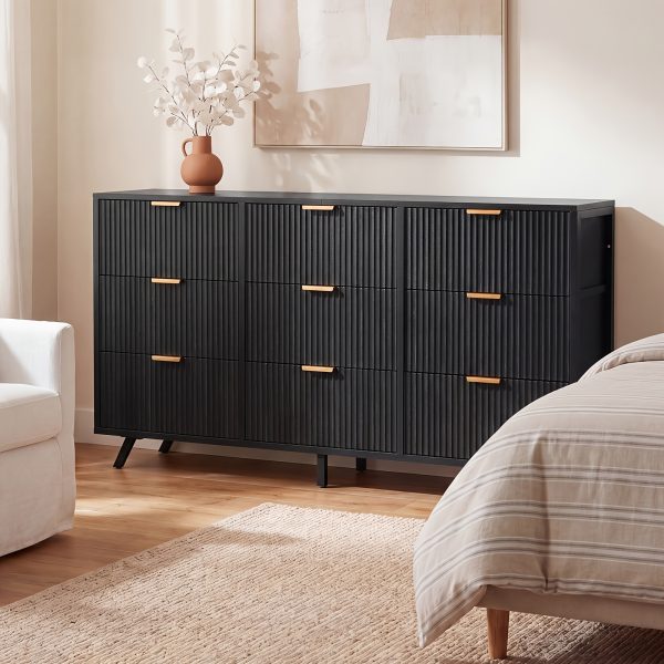 Bedroom Dresser with 9 Drawers, 57" Wide Modern Chest of Drawers, Wooden Dresser TV Stand, Wood Closet Clothes Storage Organizer for Living Room, Hallway, Natural Oak