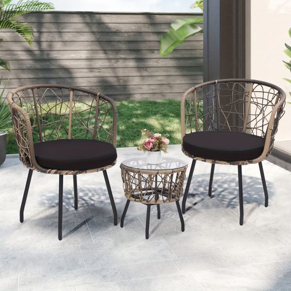3pcs Bistro Set, Modern Furniture with Tempered Glass Table Top, 2 Chairs, Outdoor Wicker Patio Set, Washable Cushions,