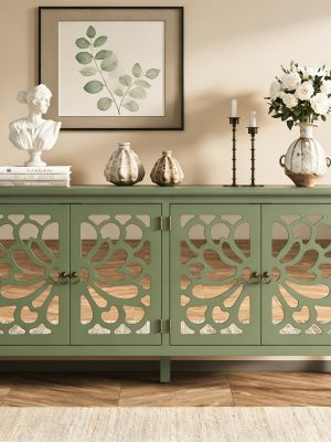 Modern Freestanding Buffet Credenza with Mirror & Storage - Adjustable Shelf Cabinet Suitable for Living Room, Dining Room, Entryway - Elegant Panel Doors & Tall -Standing Furniture