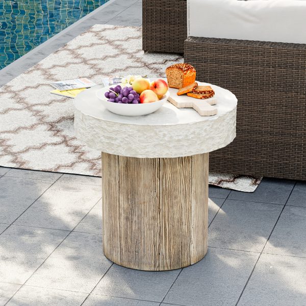 Modern Sculptural Mgo Outdoor Side Table, Grey Faux Wood And Stone Cylinder Nesting Table Set, Weather-Proof Concrete Garden Stool for Patio Living Room