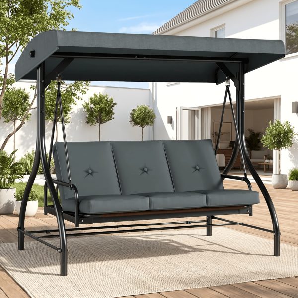3 Person Patio Porch Swing Outdoor Converting Swing Glider Hammock with Adjustable Canopy, Cushions for Outside Backyard, Garden (Pillow Not Included)