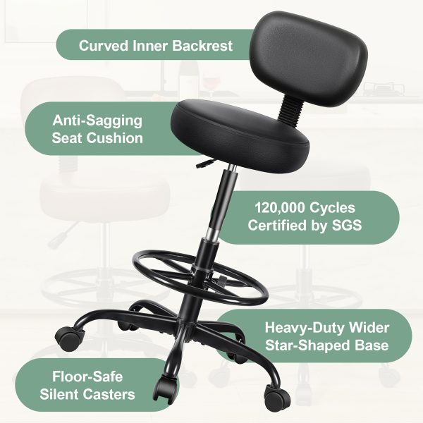 product-fancy-20915db9-f187-48ef-b77a-ea8e40dc7123 KERDOM Adjustable Height Drafting Chair with Removable Backrest & Quiet-Rolling Wheels - 300 lbs Capacity PU Leather Swivel Stool, Ergonomic Metal Frame for Office, Studio, Clinic, Kitchen, Salon (Black), Ergonomic Chair, Studio Seating, Professional Seating, Premium Materials, Heightadjustable Stool, Office Professionals, Standing Desk Stool, Sleek Design, Durable Construction, Rolling Stool, Kitchen Stool