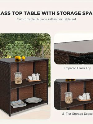 Rattan Bar Set 3pcs Wicker Bistro Set Sturdy Frame Bar Height Table with Glass Table Top Storage Shelves 2 Bar Stools for Patio Poolside Porch Outdoor Indoor, Outdoor Bar Set, Patio Table And Chair Set, Outdoor Furniture, Patio Bar Set with Table, Outdoor Dining, Poolside Seating, Wicker Furniture, Rustic Bar, Patio Furniture Outdoor, Outdoor Bar Table And Chair, Outdoor Table And Chair Set, Outdoor High Top Table And Chair, Outdoor Dining Set, Patio Set Outdoor, Outdoor Patio Bar