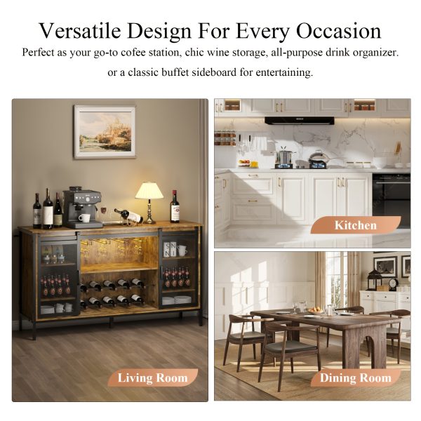 Wine Cabinet for Apartment Dormitory A 55-inch-long, 32-inch-high Farmhouse-style Bar Cabinet Featuring A Wine Rack, Glass Rack, And Storage Space On Both Sides; Finished In A Brown, Natural Wood Tone; Perfect for Use As A Sideboard In The Living