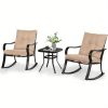 [Outdoor Rocking Chairs] 3pcs Outdoor Rocking Chairs Bistro Set, Black Iron Patio Furniture With Red Thickened Cushion & Glass-Top Coffee Table