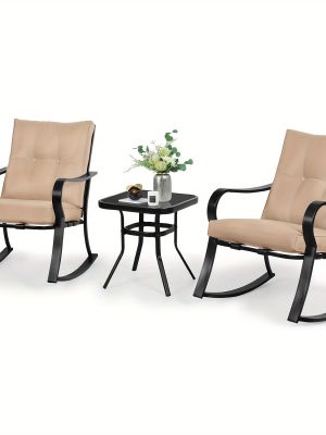 [Outdoor Rocking Chairs] 3pcs Outdoor Rocking Chairs Bistro Set, Black Iron Patio Furniture With Red Thickened Cushion & Glass-Top Coffee Table