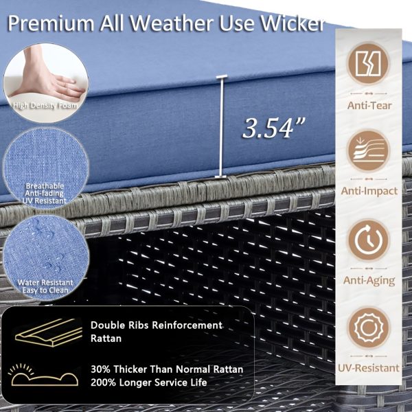 2pcs Royal Craft Outdoor Patio Furniture Set | Hand-Woven Pe Rattan Ottomans With 3.15 Inch Thick Cushions, All-Weather Material, Movable Cushions, Multifunctional Use, Gray Wicker With Beige/Denim Blue Cushions