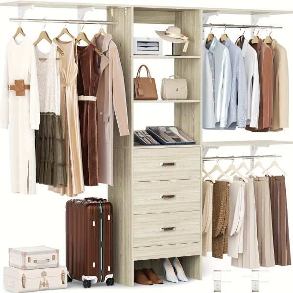 product-fancy-216133bd-90f5-4079-bafa-d9b073b3d038 Closet System with Drawer - 8ft Wood Closet Organizer System with 3 Hanging Rods And Shelving Tower, 96" Walk In Closet Organizer Wardrobe, Heavy Duty Garment Rack Clothes Rack