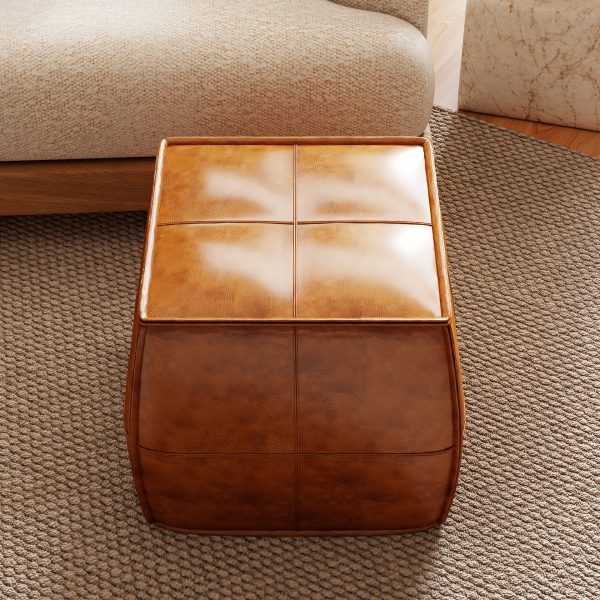 Leather Ottoman, Handmade Stuffed Square Ottoman, Genuine Leather Pouf, Foot Rest Pouf, Comfortable Soft Seating for Living Room& Bedroom(Brown, Black, Grey, Square)