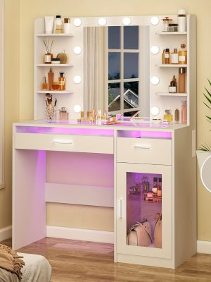 WHONLINE 1pc Vanity Desk with Mirror And Lights, Makeup Vanity Desk with Lights 3 Colors, Bedroom Vanity with Multiple Drawers, And Open Storage Space, Power Outlet, for Bedroom, White, Heavy Duty Dresser, for Halloween And Christmas