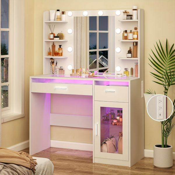 product-fancy-21b55177-ebab-4d1e-9831-bfd28f50f342 WHONLINE 1pc Vanity Desk with Mirror And Lights, Makeup Vanity Desk with Lights 3 Colors, Bedroom Vanity with Multiple Drawers, And Open Storage Space, Power Outlet, for Bedroom, White, Heavy Duty Dresser, for Halloween And Christmas