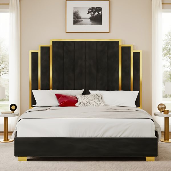 product-fancy-21be80cf-d46e-498d-a777-798b506614e5 LUXOAK Modern Upholstered Bed Frame with 65" Headboard, Golden Plating Trim, Platform Design - No Box Spring Needed