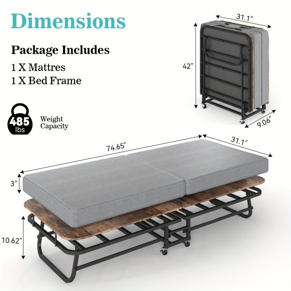 Twin Size Folding Bed with 3" Memory Foam Mattress, Foldable Roll Away Guest Bed for Adults, Sturdy Metal Platform Bed with Wheels, Space-Saving Design for Easy Storage, Portable Bed for Bedroom, Office & Apartments, 75''x31''