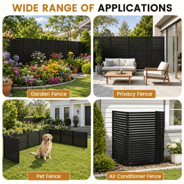 [Outdoor Privacy Fence] 38" X 71" Outdoor Privacy Fence Screen, Black Wooden Slatted Panels With Sturdy Metal Stakes, 12" Ground Insert, Garden Privacy Fence For Air Conditioner Cover, Patio, Yard, Pet Fence And Outdoor Decoration