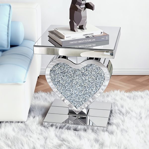 product-fancy-224a9202-fadc-4636-9a53-da6ba4576381 Crushed Diamond Silvery Mirror Base Heart Shaped Side Table, Mirror Finish Decorative Table for Bedroom, Entryway, Living Room.Small Mirrored Coffee Table