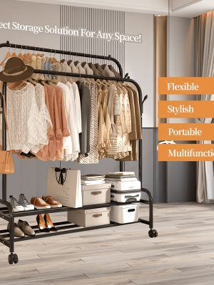 Sturdy Metal Double-Rail Garment Rack with Wheels -Portable Clothing Rack with Shelves And Hooks -Heavy-Duty Clothes Hanger Stand- Multifunctional Bedroom Closet Organizer -Black