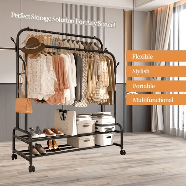 product-fancy-224fafd0-fa63-44fd-9cc8-c88d5d31bb9d Sturdy Metal Double-Rail Garment Rack with Wheels -Portable Clothing Rack with Shelves And Hooks -Heavy-Duty Clothes Hanger Stand- Multifunctional Bedroom Closet Organizer -Black