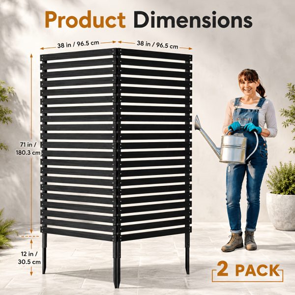 [Outdoor Privacy Fence] 38" X 71" Outdoor Privacy Fence Screen, Black Wooden Slatted Panels With Sturdy Metal Stakes, 12" Ground Insert, Garden Privacy Fence For Air Conditioner Cover, Patio, Yard, Pet Fence And Outdoor Decoration