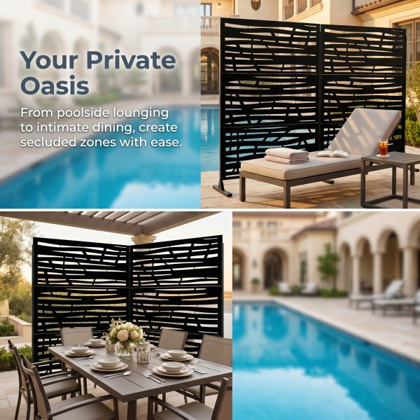 product-fancy-23726af5-1e8c-4209-938e-16109be369b1 Freestanding Black Metal Privacy Screen 76"x48", Bold Indoor Outdoor Decorative Fence Panel Divider for Deck Balcony Patio Backyard Lawn Garden Pool Yard Porch Front Yard Bedroom Living Room Office Studio Entryway Hallway Restaurant Decorative Fence