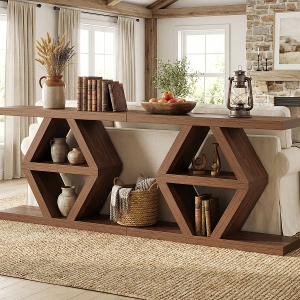 product-fancy-23996f0c-f662-4e68-b966-a7b82724d669 3 Tier Farmhouse Console Table for Entryway, Wooden Sofa Table Behind Couch with Storage Shelves, 39.4 Inch Narrow Rectangular Hallway Table, Rustic Foyer Table for Living Room Decor, Walnut End