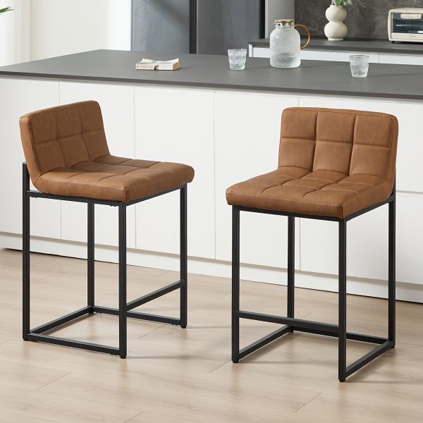 product-fancy-23dcc5f5-0bbc-4c71-8ca1-dd29123d6f64 DMKAI Set Of 2 Modern Counter Height Bar Stools - Black Faux Leather Upholstered, Diamond-Tufted Seat, Sturdy Black Metal Cantilever Base with Footrest | Minimalist Bar Stools for Kitchen Island