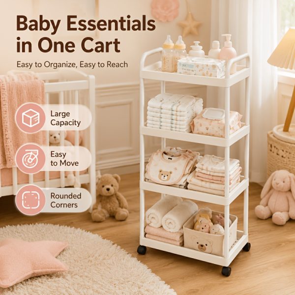 product-fancy-249fe300-8113-4cd1-b200-27bef5efadf1 4-Tier Household Portable Floor Standing Nursing Cart with Handles, Storage Cart, Adjustable Multi-Level Changing Stand for Diapers, Bottles, And More