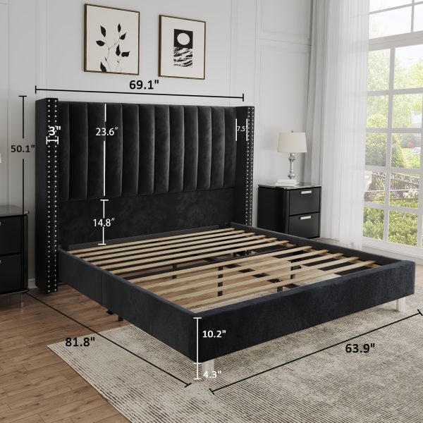 product-fancy-24aeac7b-ef14-44ee-919a-38bd27f191dc PaPaJet Bed Frame with Vertical Channel Upholstered Tufted Velvet Wingback Headboard, Platform Bed, No Box Spring Needed, Easy Assembly