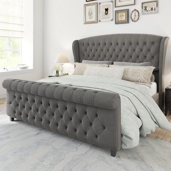 product-fancy-24b09698-da88-4c55-bb44-02c33b6a8c17 Chenille Upholstered Platform Bed Frame with Scroll Wingback Headboard And Footboard, Button Tufted Design, No Box Spring Required