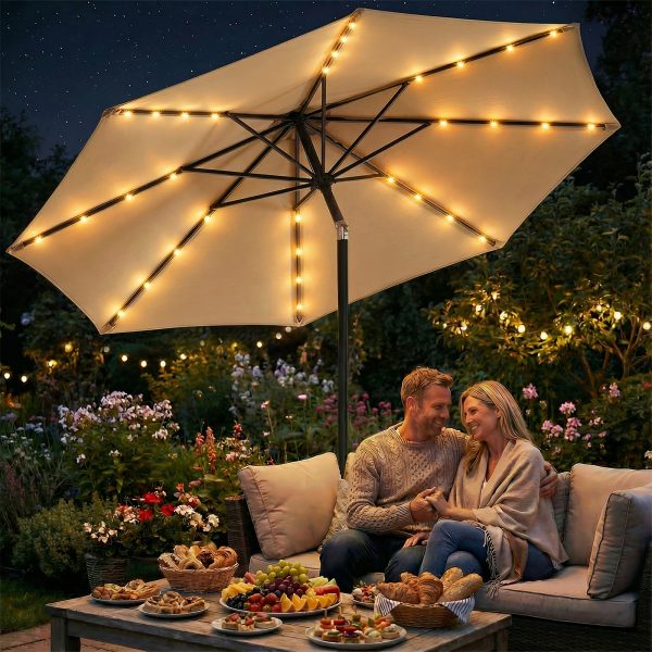 [Christmas & Halloween] Deluxe 32 LED Lighted Patio Umbrella - Navy Blue/Beige/Red/Brown, Solar 10Ft Market Umbrella with Base, Outdoor Table Umbrella with Ventilation, Solar Umbrella with Push Button Tilt/Crank for Garden, Deck, Backyard, Pool, Christmas & Halloween