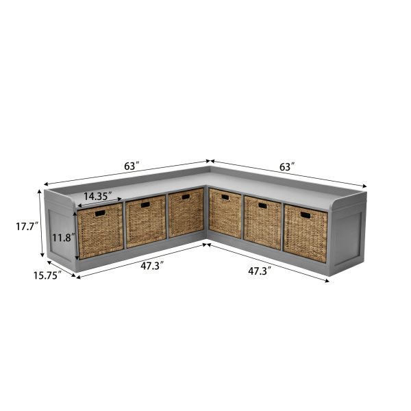 Modern L-Shaped Shoe Cabinet with 6 Rattan Drawers, Multi-Functional Wood Shoe Storage Cabinet with Storage Compartments, for Entryway And Living Room, Modern Design, Gray