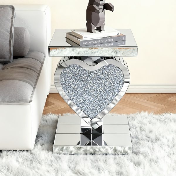 product-fancy-2505e13b-914b-4220-97f5-daaf65add354 Crushed Diamond Silvery Mirror Base Heart Shaped Side Table, Mirror Finish Decorative Table for Bedroom, Entryway, Living Room.Small Mirrored Coffee Table