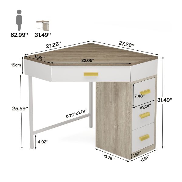 product-fancy-2529793b-b92d-4046-8cf4-8a3a13cb1722 Triangle Corner Desk, Modern Computer Desk With 3 Drawers, 90-Degree Writing Desk PC Table Makeup Vanity Desk With Storage For Home Office, Living Room, Bedroom (White And Grey)