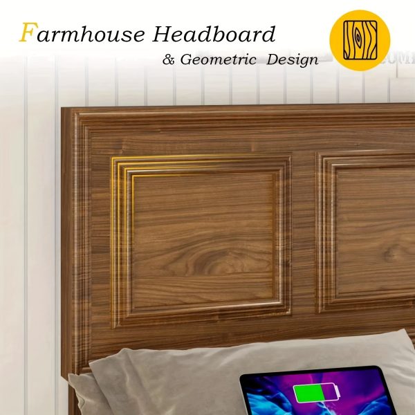 Brown and White Farmhouse Style Platform Bed Frame with Height Adjustable Headboard