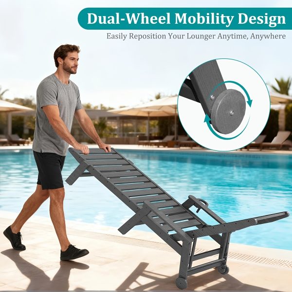 product-fancy-25980c0f-4652-4573-a04b-941277aed453 2pcs HDPE Wood Grain Outdoor Chaise Lounge Chairs, 78" All-Weather Patio Poolside Loungers with Wheels & Cup Holders, 5-Position Adjustable Recliners for Backyard & Summer Relaxation