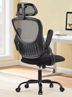 Ergonomic Office Desk Computer Chair - High Back Comfy Swivel - Home Gaming Mesh Chairs With Wheels - 144° Tilt For Study - Adjustable Headrest - Comfortable Lumbar Support - Flip-up Arms