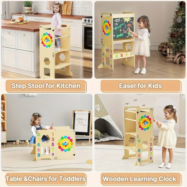 4-in-1 Toddler Standing Tower with Learning Clock & Blackboard - Foldable Multi-Functional Step Stool, Wood Climbing Ladder & for & (Toddler Learning, Motor Skills Development)