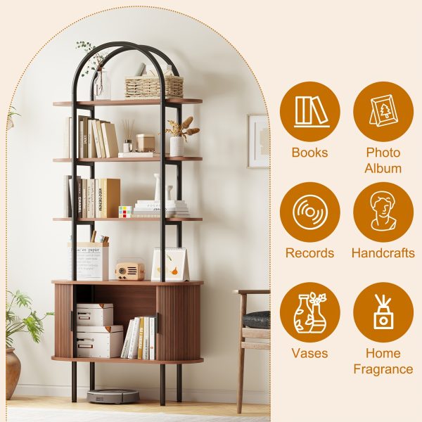 product-fancy-26200862-95c4-4afc-a930-118fce94f431 71" Tall Fluted Bookshelf | 4-Tier Mid Century Modern Metal Curved Bookcase With Storage Cabinet, Sliding Door, Adjustable Footpad, Freestanding Arched Organizer For Living Room, Bedroom, Home Office | Wood Color, Matte End, Hardwood, Lshuizhu Brand