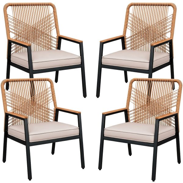 [Rattan Dining Chair Set] Outdoor Rattan Dining Chair Set of 2/4, Wide Outdoor Rattan Chair with 21-Inch Seat Width, Ergonomically Curved Backrest, Removable Cushion, Suitable for Patios, Lawns, Gardens, Backyards, Poolside, Balconies, and Other Spaces, Rattan Patio Chair