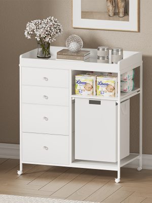Baby Changing Dresser, 4-Drawer Baby Dresser with Changing Table Top, Diaper Changing Station & Pad, 2 Open Storage Shelves, Mobile Nursery Organizer, White