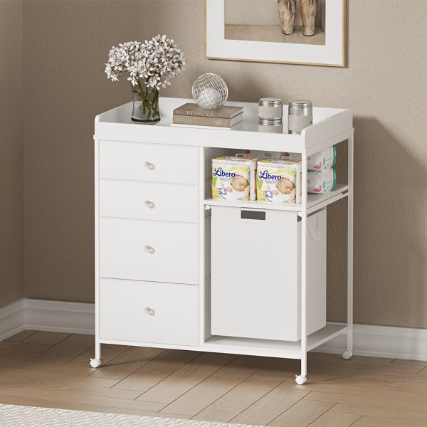 product-fancy-262614f3-4190-4d60-8c43-f1249b3f0068 Baby Changing Dresser, 4-Drawer Baby Dresser with Changing Table Top, Diaper Changing Station & Pad, 2 Open Storage Shelves, Mobile Nursery Organizer, White